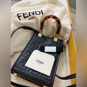 Fendi Black Embossed Mini Bag with Tortoise Shell Handle